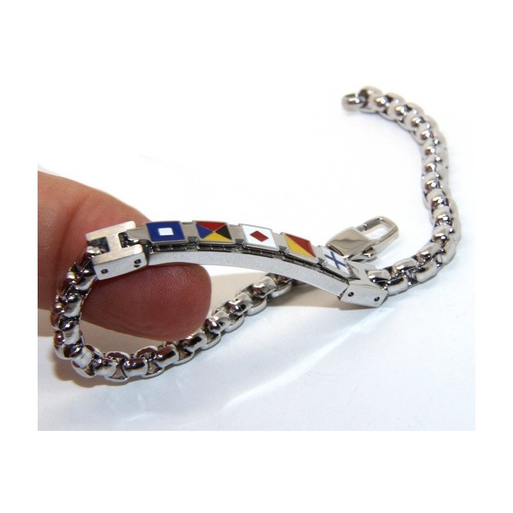 RMB|NALBORI Bracciale uomo acciaio cromato anallergico bullonato targa con bandiere smaltate 19,50 cm