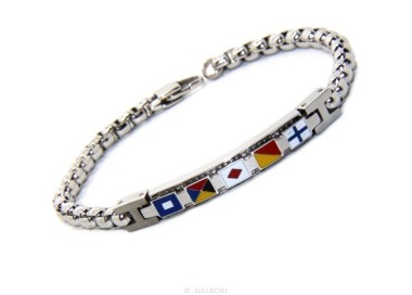 RMB|NALBORI Bracciale uomo acciaio cromato anallergico bullonato targa con bandiere smaltate 19,50 cm