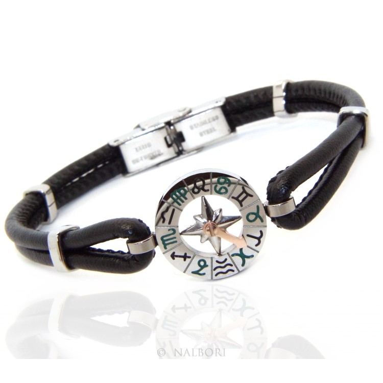 RMB|Stainless steel bracelet and skin leather hypoallergenic  zodiac zodiacal 19 cm