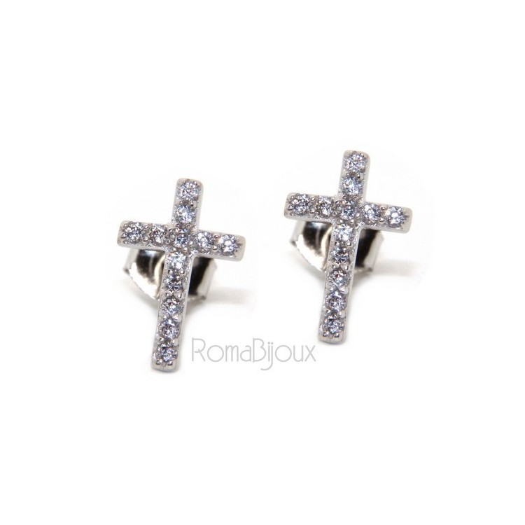 RMB|Silver 925: man / woman earrings light cross pendant white zircon 11x7.5 mm