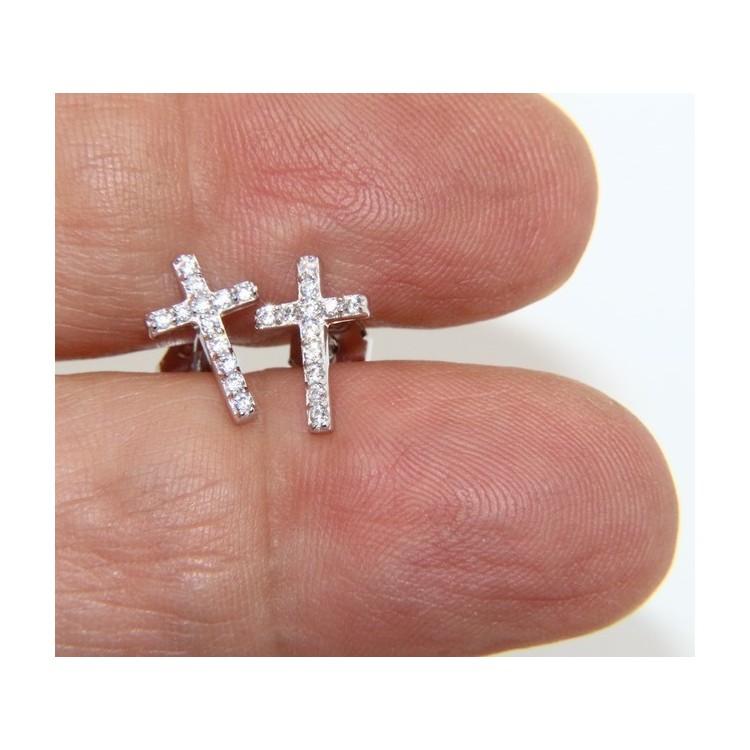 RMB|Silver 925: man / woman earrings light cross pendant white zircon 11x7.5 mm
