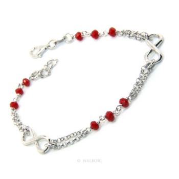 RMB|Bracciale uomo donna Argento 925 lavorazione a rosario cristallo rosso con infinito 15,50-18,00 cm