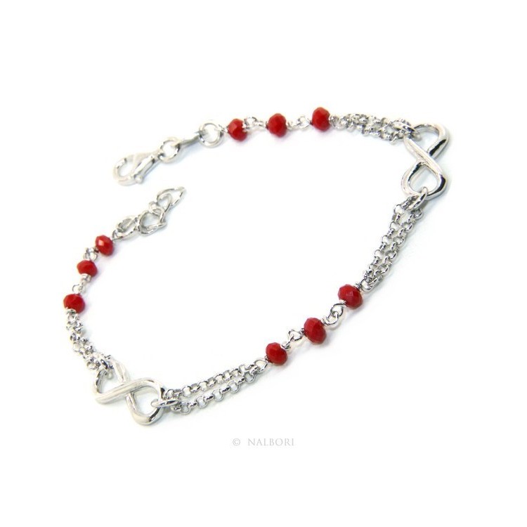 RMB|Bracciale uomo donna Argento 925 lavorazione a rosario cristallo rosso con infinito 15,50-18,00 cm