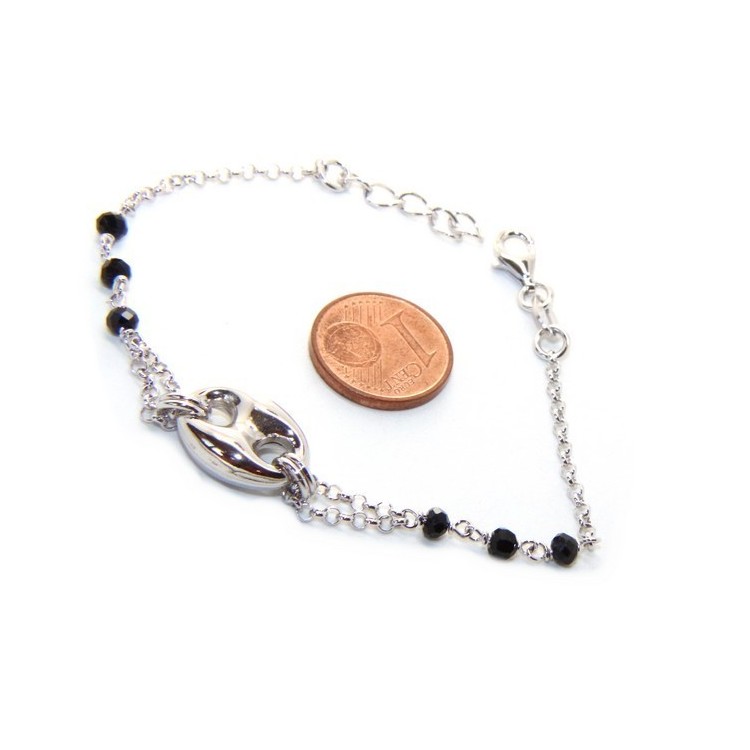 RMB|Bracciale uomo donna ragazzo Argento 925 lavorazione a rosario cristallo nero con maglia marina bombata 15,00-18,00 cm