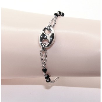 RMB|Bracciale uomo donna ragazzo Argento 925 lavorazione a rosario cristallo nero con maglia marina bombata 15,00-18,00 cm