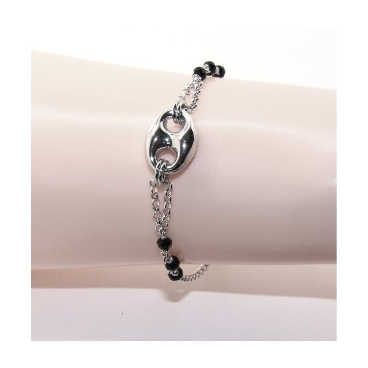 RMB|Men's bracelet boy boy Silver 925 black crystal rosary work with navy blue knit 15,00-18,00 cm