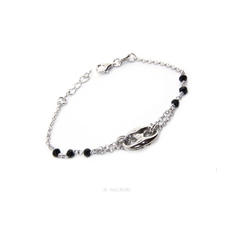 RMB|Bracciale uomo donna ragazzo Argento 925 lavorazione a rosario cristallo nero con maglia marina bombata 15,00-18,00 cm