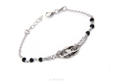 RMB|Bracciale uomo donna ragazzo Argento 925 lavorazione a rosario cristallo nero con maglia marina bombata 15,00-18,00 cm