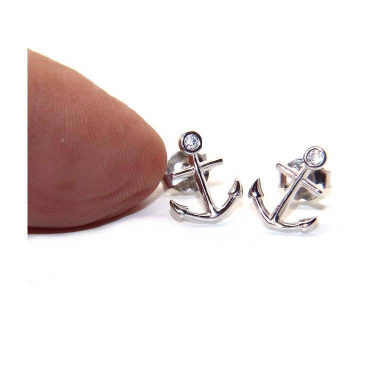 RMB|orecchini da uomo o donna in argento 925 a forma di ancora con zircone bianco taglio brillante incastonato a cipollino