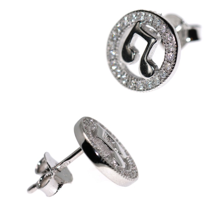 RMB|925 silver musical note earrings and white cubic zirconia button