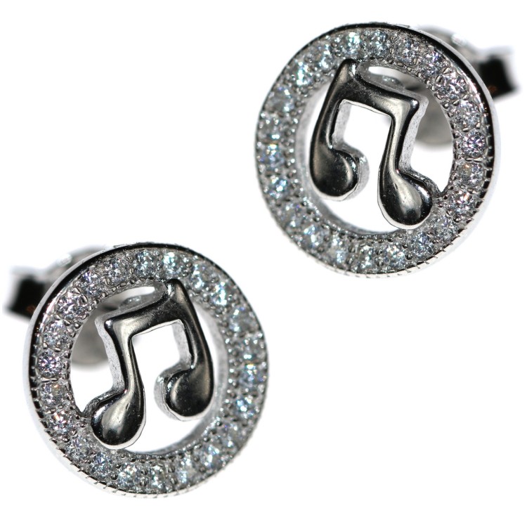 RMB|925 silver musical note earrings and white cubic zirconia button