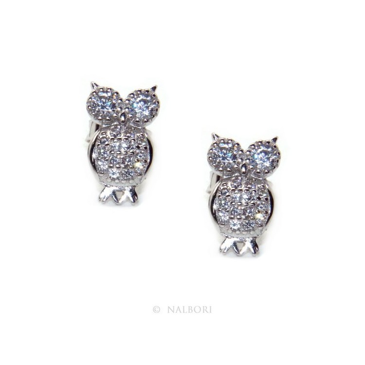 RMB|Women's 925 silver owl-shaped owl earrings with white zircons pave
