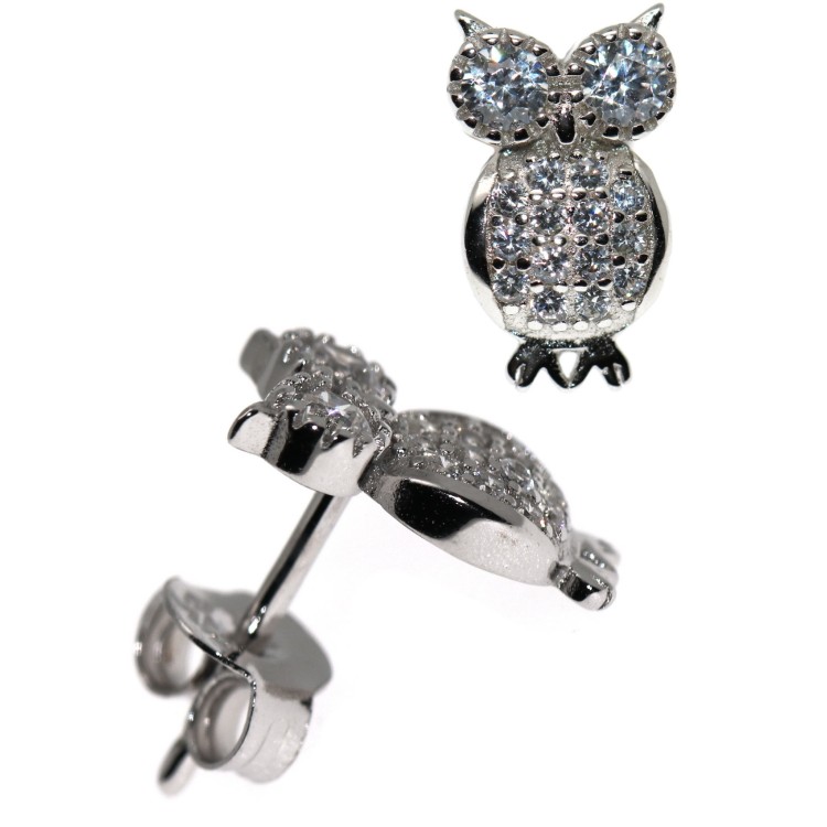 RMB|925 silver owl earrings with white cubic zirconia pave