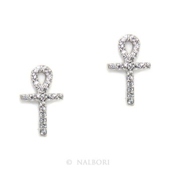 RMB|Earrings for women Egyptian key cross of life in 925 silver with white cubic zirconia stones