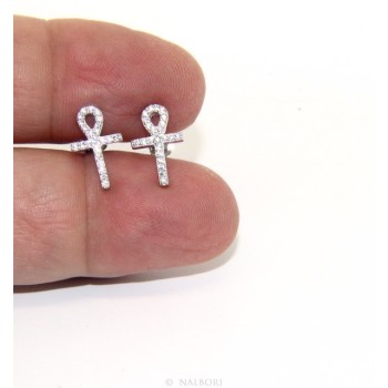 RMB|Earrings for women Egyptian key cross of life in 925 silver with white cubic zirconia stones