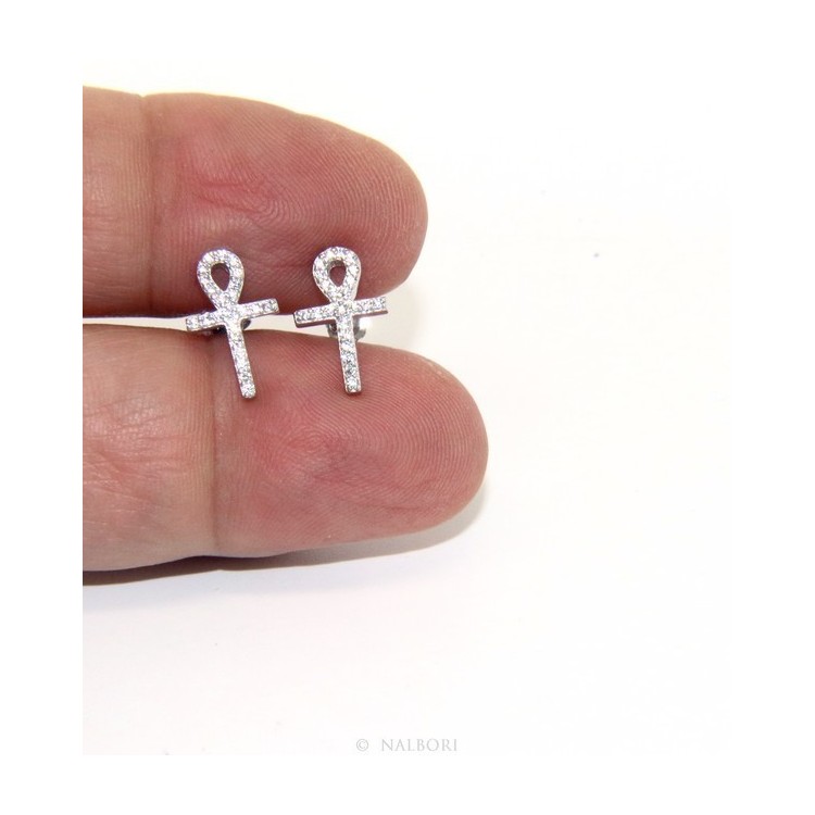 RMB|Earrings for women Egyptian key cross of life in 925 silver with white cubic zirconia stones