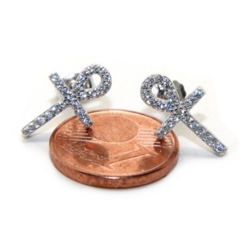 RMB|Earrings for women Egyptian key cross of life in 925 silver with white cubic zirconia stones