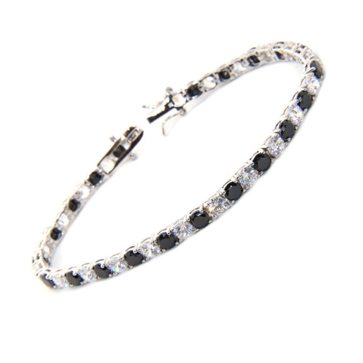 RomaBijoux|tennis bracelet 18 cm sterling silver, stones black and white