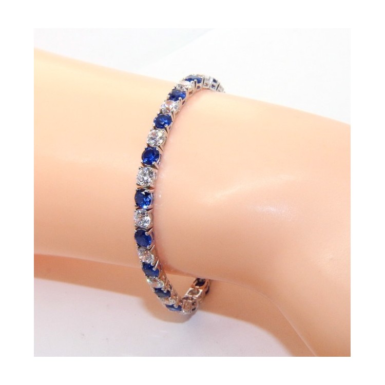 RMB|Woman's bracelet in 925 Sterling Silver Tennis model With blue sapphire and white 4 mm 17.5 cm cubic zirconia jaws