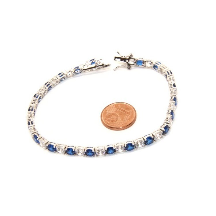 RMB|Woman's bracelet in 925 Sterling Silver Tennis model With blue sapphire and white 4 mm 17.5 cm cubic zirconia jaws