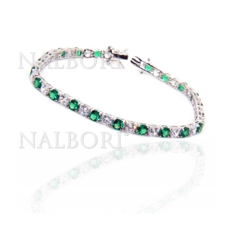 RMB|Woman's bracelet in 925 Sterling Silver Tennis model With emerald green and white 4 mm 17.5 cm cubic zirconia jaws