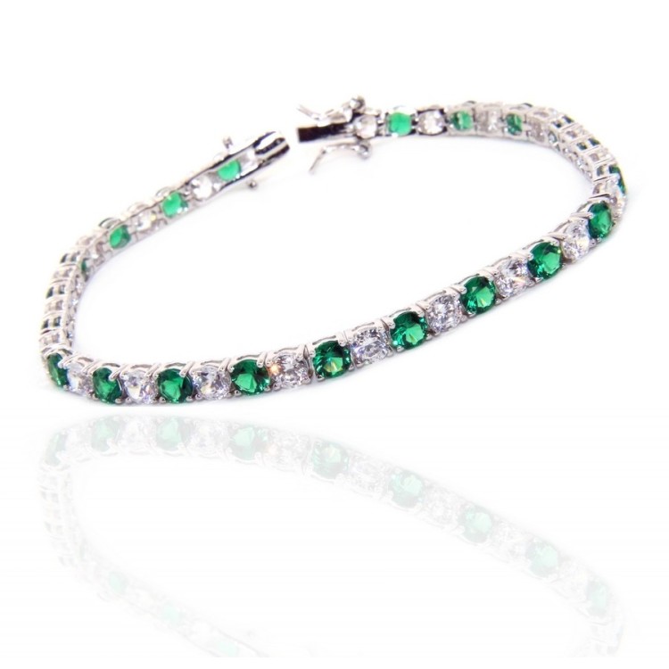 RMB|Woman's bracelet in 925 Sterling Silver Tennis model With emerald green and white 4 mm 17.5 cm cubic zirconia jaws