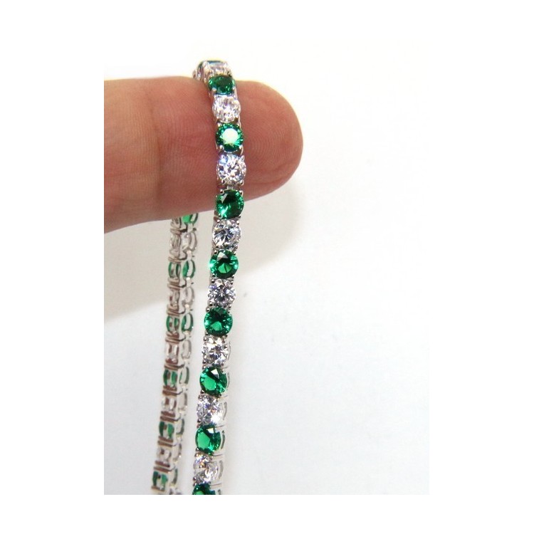 RMB|Woman's bracelet in 925 Sterling Silver Tennis model With emerald green and white 4 mm 17.5 cm cubic zirconia jaws