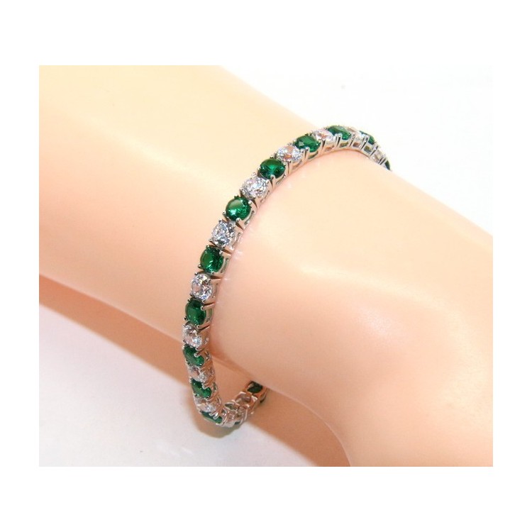 RMB|Woman's bracelet in 925 Sterling Silver Tennis model With emerald green and white 4 mm 17.5 cm cubic zirconia jaws
