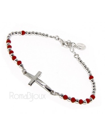 Bracciale rosario uomo in Argento 925 con immagine madonnina , croce convessa e cristallo rosso . Mis 17,00 - 20,00
