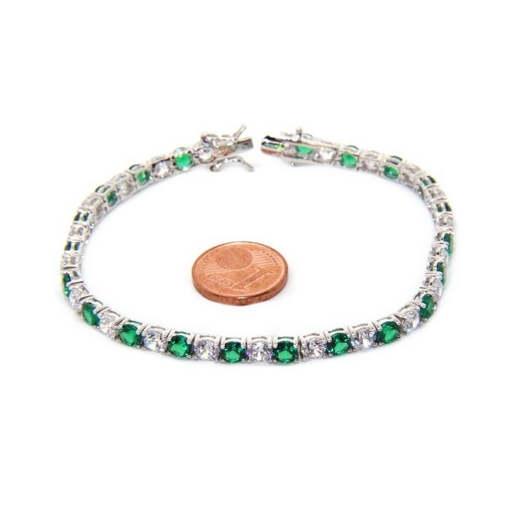RMB|Woman's bracelet in 925 Sterling Silver Tennis model With emerald green and white 4 mm 17.5 cm cubic zirconia jaws