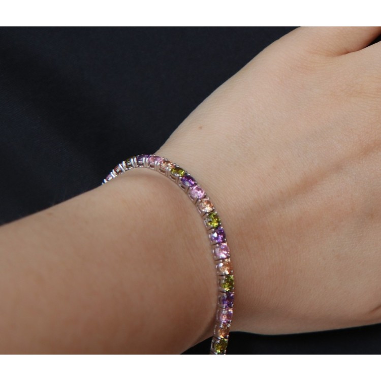 RMB|Woman's bracelet in 925 Sterling Silver Tennis model With yellow green purple rose 4 mm 17.5 cm cubic zirconia jaws