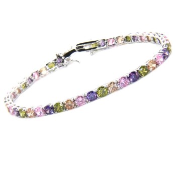 RMB|Woman's bracelet in 925 Sterling Silver Tennis model With yellow green purple rose 4 mm 17.5 cm cubic zirconia jaws