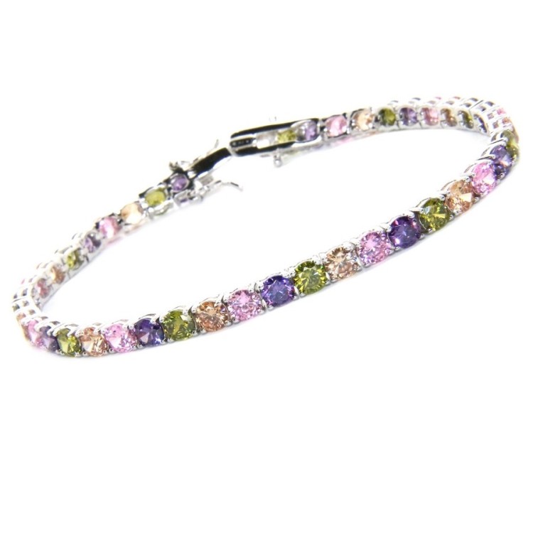 RMB|Woman's bracelet in 925 Sterling Silver Tennis model With yellow green purple rose 4 mm 17.5 cm cubic zirconia jaws
