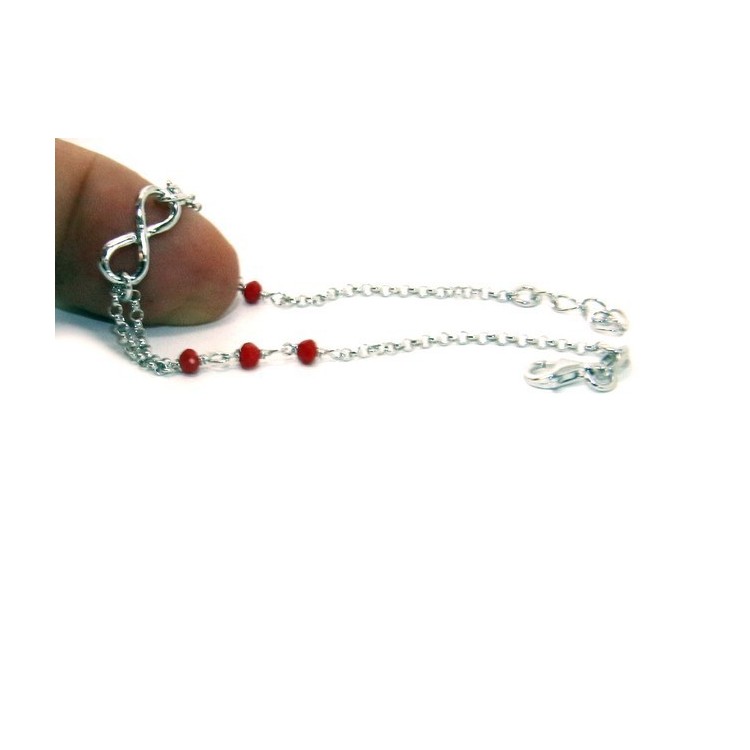 RMB|Bracciale uomo donna Argento 925 lavorazione a rosario cristallo rosso con 1 elemento infinito 17,50-19,50 cm