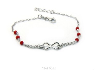 RMB|Bracciale uomo donna Argento 925 lavorazione a rosario cristallo rosso con 1 elemento infinito 17,50-19,50 cm