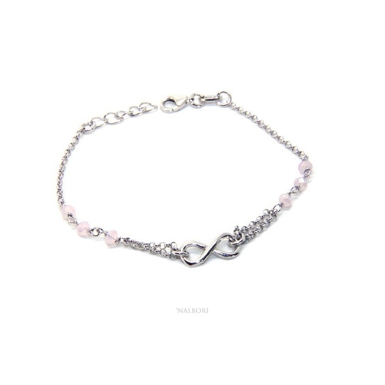 RMB|Bracciale uomo donna Argento 925 lavorazione a rosario cristallo rosa chiaro con 1 elemento infinito 15,00 -17,50 cm