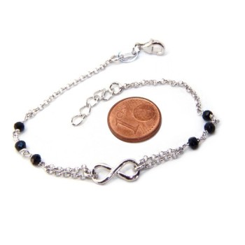 RMB|Bracciale uomo donna Argento 925 lavorazione a rosario cristallo nero con 1 elemento infinito 17,50-19,50 cm