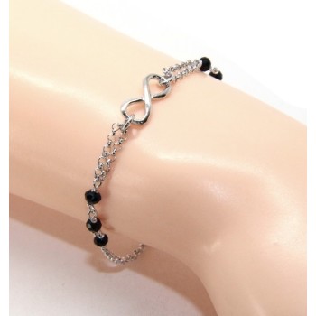 RMB|Bracciale uomo donna Argento 925 lavorazione a rosario cristallo nero con 1 elemento infinito 17,50-19,50 cm