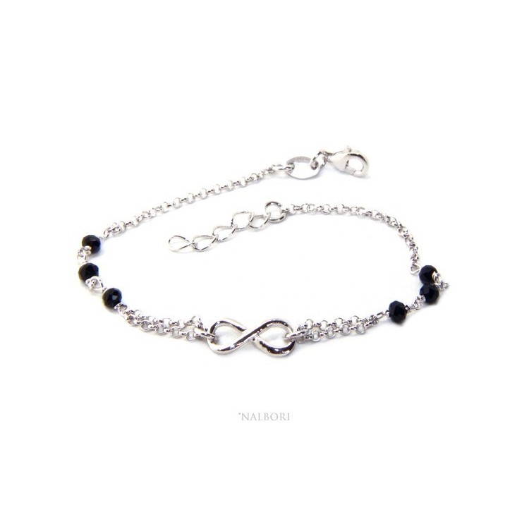 RMB|Bracciale uomo donna Argento 925 lavorazione a rosario cristallo nero con 1 elemento infinito 17,50-19,50 cm