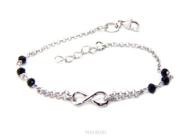 RMB|Bracciale uomo donna Argento 925 lavorazione a rosario cristallo nero con 1 elemento infinito 17,50-19,50 cm