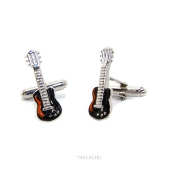 RMB|Mens Cufflinks for electric guitar shirt Silver 925 black enamel handmade