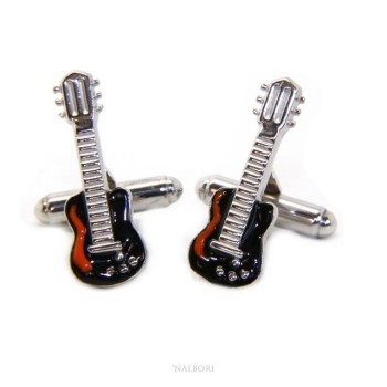 RMB|Mens Cufflinks for electric guitar shirt Silver 925 black enamel handmade