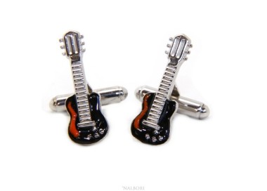 RMB|Mens Cufflinks for electric guitar shirt Silver 925 black enamel handmade