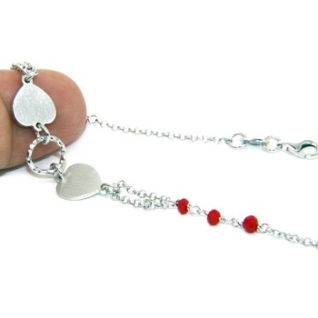 RMB|Bracciale uomo donna Argento 925 cristallo rosso con doppio cuore satinato e cerchio diamantato 18,00 - 20,50 cm