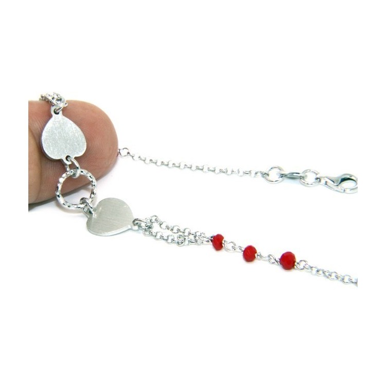 RMB|Bracciale uomo donna Argento 925 cristallo rosso con doppio cuore satinato e cerchio diamantato 18,00 - 20,50 cm