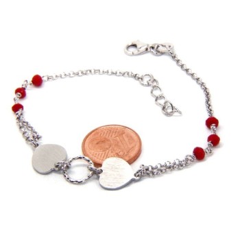 RMB|Bracciale uomo donna Argento 925 cristallo rosso con doppio cuore satinato e cerchio diamantato 18,00 - 20,50 cm