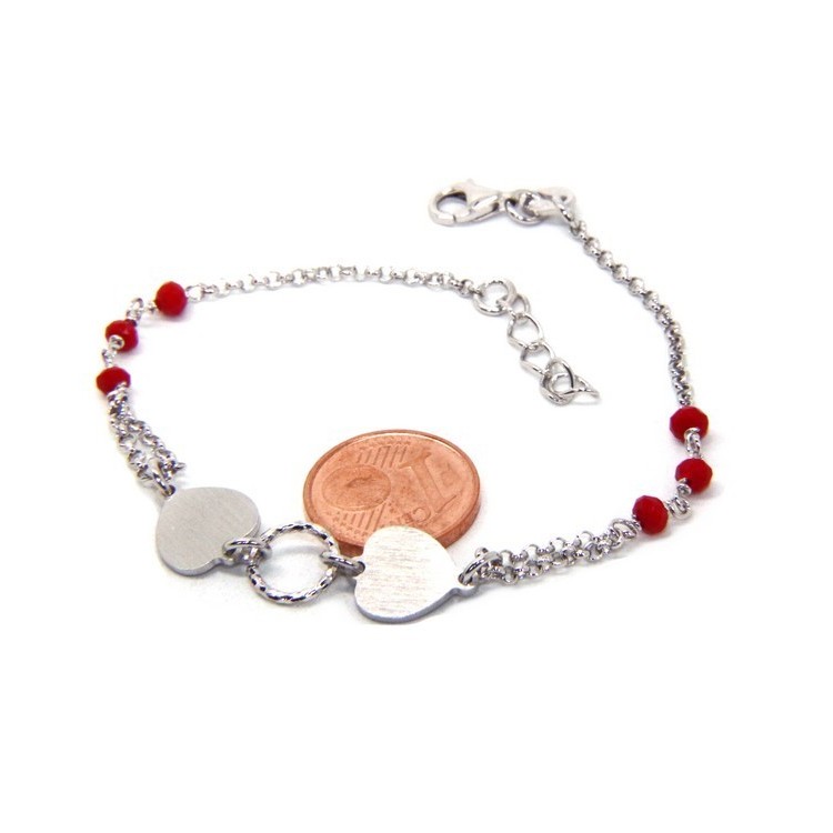 RMB|Bracciale uomo donna Argento 925 cristallo rosso con doppio cuore satinato e cerchio diamantato 18,00 - 20,50 cm