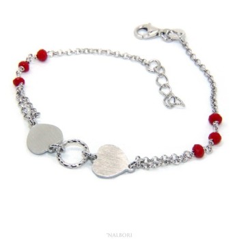 RMB|Bracelet man woman Silver 925 red crystal with double satin heart and diamond circle 18.00 - 20.50 cm