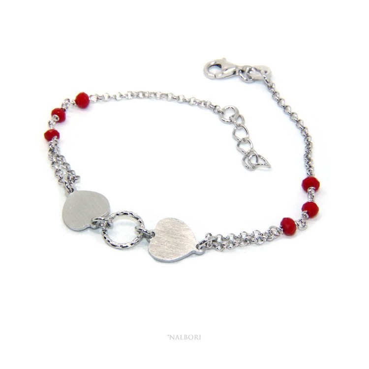 RMB|Bracciale uomo donna Argento 925 cristallo rosso con doppio cuore satinato e cerchio diamantato 18,00 - 20,50 cm