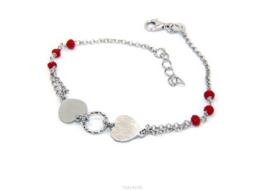 RMB|Bracciale uomo donna Argento 925 cristallo rosso con doppio cuore satinato e cerchio diamantato 18,00 - 20,50 cm